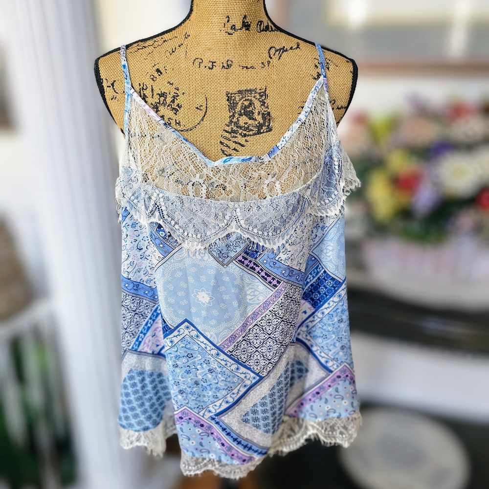 Blue and White Asymmetrical Embellished Camisole